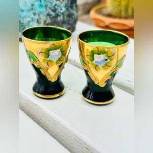 2 Bohemian Blown Glass Green and Hand Painted in Gold Shot Glasses